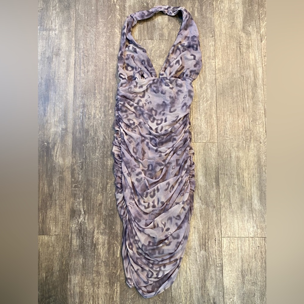 GUESS halter dress in cheetah print in color purple size S.